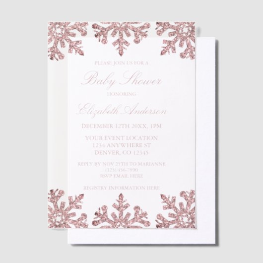 Roze Rose Gold Snowflake Winter Baby shower Vellum Uitnodigingen (Offset)