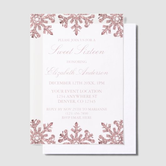 Roze Rose Gold Snowflake Winter Sweet 16 Vellum Uitnodigingen (Offset)