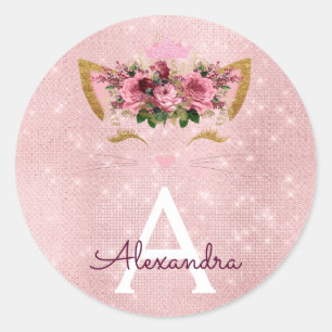 Roze Rose Gold Sparkle Kat Monogram Verjaardag Ronde Sticker