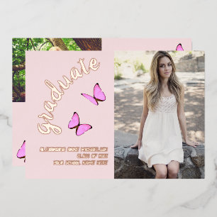 Roze Rose Gold Toen en Nu Foto Afstuderen Folie Uitnodiging