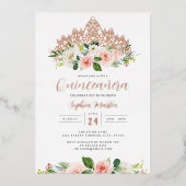 Roze Rose Goud Bloemen Tiara Vlinder Quinceanera Folie Uitnodiging (Voorkant)