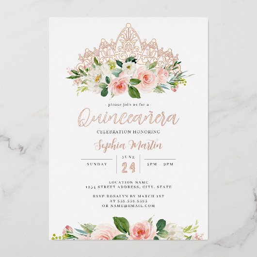 Roze Rose Goud Bloemen Tiara Vlinder Quinceanera Folie Uitnodiging (Voorkant)