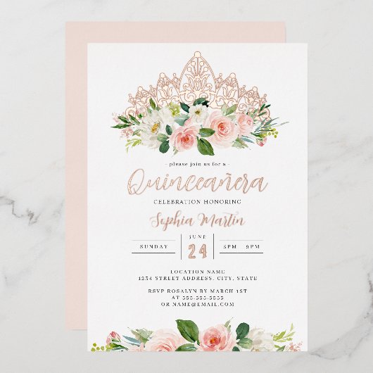 Roze Rose Goud Bloemen Tiara Vlinder Quinceanera Folie Uitnodiging (Voorkant / Achterkant)