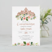 Roze Rose Goud Bloemen Tiara Vlinder Quinceanera Folie Uitnodiging (Staand Voorkant)