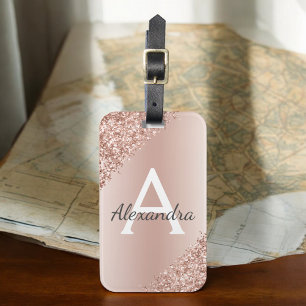 Roze Rose Goud Geborsteld Metalen Script Monogram  Bagagelabel