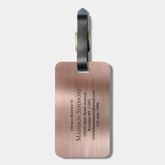 Roze Rose Goud Geborsteld Metalen Script Monogram  Bagagelabel (Achterkant verticaal)