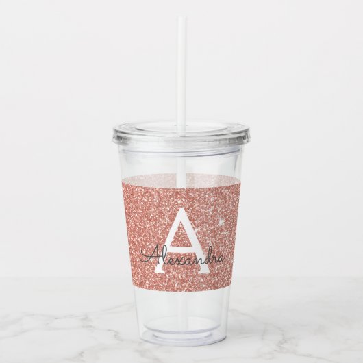 Roze Rose Goud Glitter & Sparkle Monogram Verjaard Acryl Drinkbeker (Voorkant)