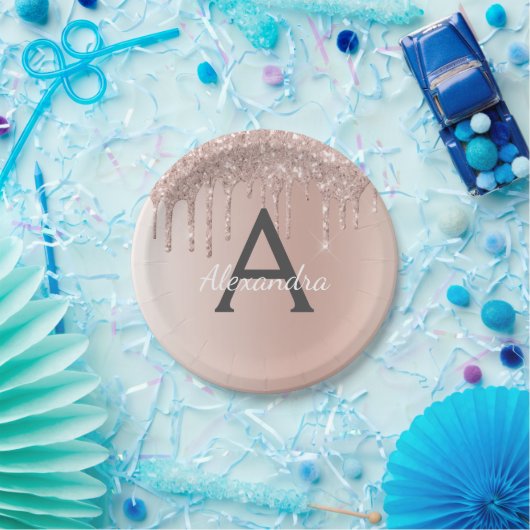 Roze Rose Goud Glitter & Sparkle Monogram Verjaard Papieren Bordje (Feest)