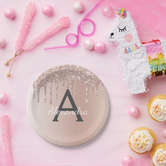 Roze Rose Goud Glitter & Sparkle Monogram Verjaard Papieren Bordje (Feest)