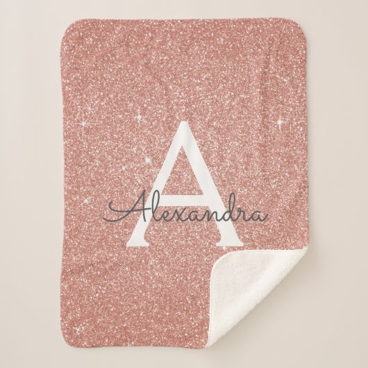 Roze Rose Goud Glitter & Sparkle Monogram Verjaard Sherpa Deken (Voorkant)
