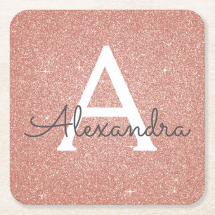 Roze Rose Goud Glitter & Sparkle Monogram Verjaard Vierkante Kartonnen Onderzetter