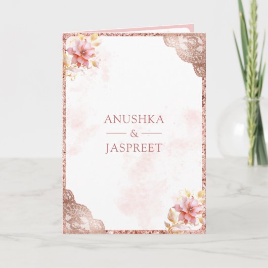 Roze Rose Goud Kant Bloemen Indiase Peacock Bruilo (Voorkant)