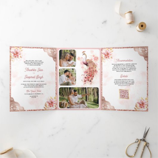 Roze Rose Goud Kant Bloemen Indiase Peacock Bruilo Drieluik Uitnodiging (Binnen)