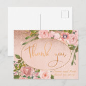 Roze Rose Goud Koper Dank u bruiloft Bloemen Briefkaart (Voorkant / Achterkant)