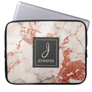 Roze Rose Goud Marmer Elegant Monogram Laptop Sleeve