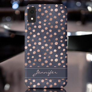 Roze Rose Goud - Navy Blue Polka Dot Pattern iPhone XR Hoesje
