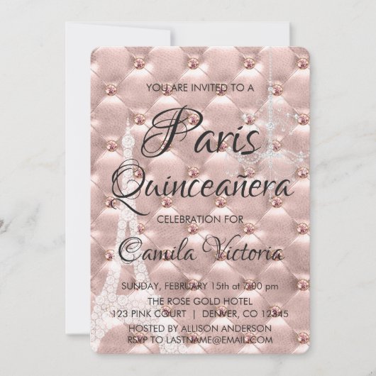 Roze Rose Goud Parijs Quinceañera Viering Kaart (Voorkant)
