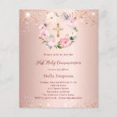 Roze rose gouden bloemen Eerste Communie uitnodigi (Voorkant)