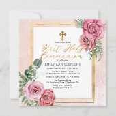 Roze Rose |Gouden Floral Lijst Eerste Heilige Comm Kaart (Voorkant)