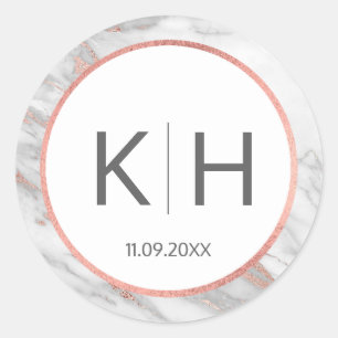 ROZE ROSE Gouden FOLIE Marmeren Bruiloft Monogram Ronde Sticker