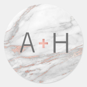 ROZE ROSE Gouden FOLIE Marmeren Bruiloft Monogram  Ronde Sticker