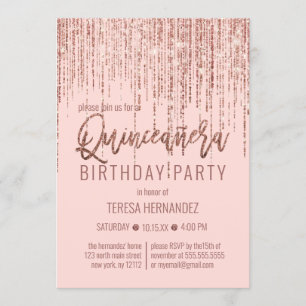 Roze Rose Gouden Glitter Fringe Gordijn Quinceañer Kaart