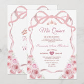 Roze Rose Gouden Kroon Bloemen Bow Ribbon Mis Quin Kaart (Voorkant / Achterkant)