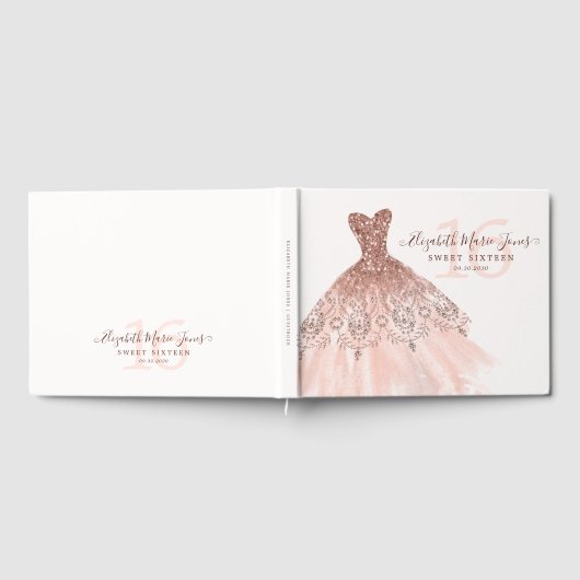 Roze Rose Gouden Sparkle Glitter Jurk 16e Verjaard Gastenboek (Volledig)