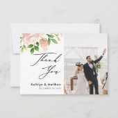Roze Rose Greenery Elegant Script Photo Weddenscha Bedankkaart (Voorkant)
