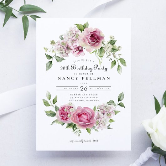 Roze Rose Groen Bloemenboog 90ste Verjaardagsfeest Kaart