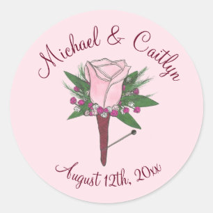 Roze Rose Groom Boutonniere Wedding Save the Date Ronde Sticker
