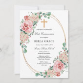 Roze Rose Hydrangea Eerste Heilige Communie Kaart (Voorkant)