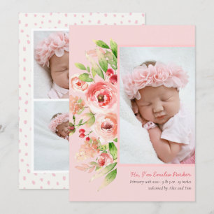 Roze Rose Lavender   Modern Elegant Floral Birth Aankondiging