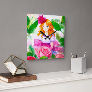 Roze Rose Meisje Vierkante Klok