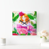 Roze Rose Meisje Vierkante Klok (Huis)