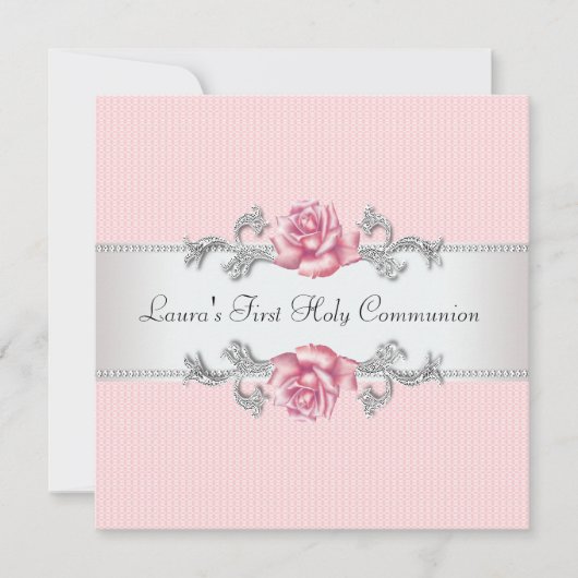 Roze Rose Meisjes Eerste Communie Kaart (Voorkant)