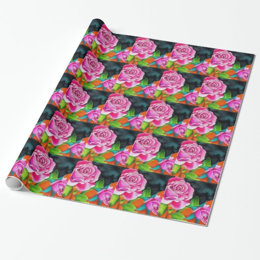 Roze Rose met oranje waterverf kunst Cadeaupapier (Uitgerold)