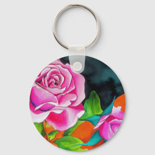 Roze Rose met oranje waterverf kunst Sleutelhanger