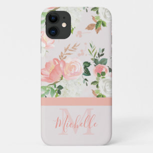 Roze Rose Monogram en Naam iPhone 11 Hoesje