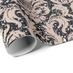 Roze Rose Parelmoer Metallic Zwart Damast Glitter Cadeaupapier