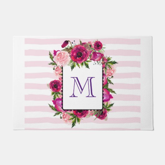 Roze Rose & Poppy Floral Bouquet Monogram Deurmat (Voorkant)