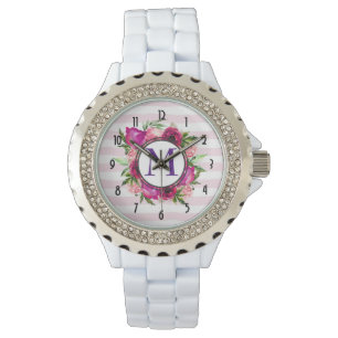 Roze Rose & Poppy Floral Bouquet Monogram Horloge