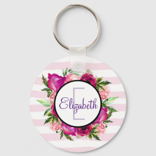 Roze Rose & Poppy Floral Bouquet Monogram Sleutelhanger