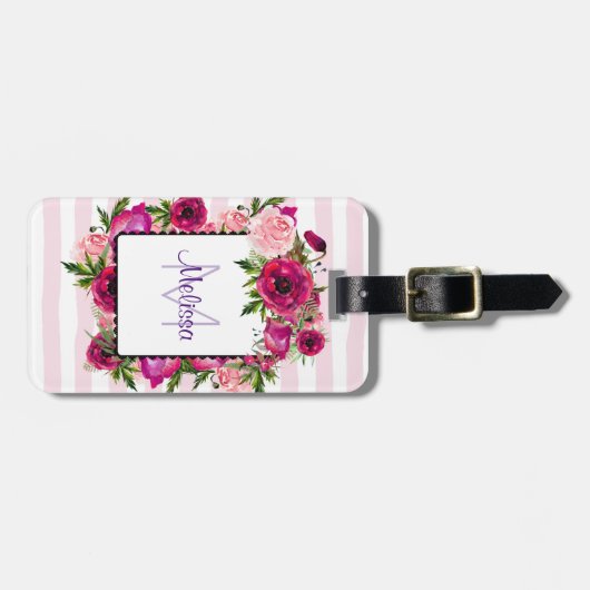 Roze Rose & Poppy Floral Bouquet op roze strepen Bagagelabel (Voorkant horizontaal)
