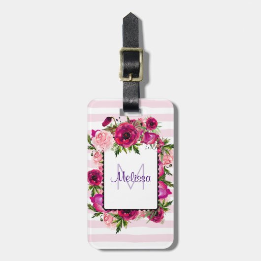 Roze Rose & Poppy Floral Bouquet op roze strepen Bagagelabel (Voorkant verticaal)