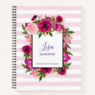 Roze Rose & Poppy Floral Bouquet op roze strepen Notitieboek