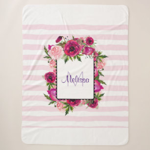 Roze Rose & Poppy Floral Bouquet op roze strepen Sherpa Deken