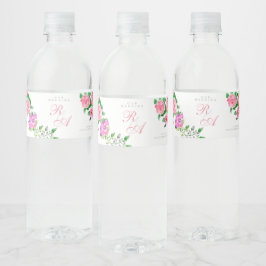 Roze Rose Ribbon Monogram Huwelijk Waterfles Etiket