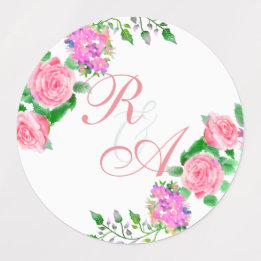 Roze Rose Ribbon Monogram Huwelijksuitnodiging Labels