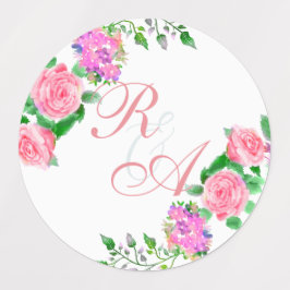 Roze Rose Ribbon Monogram Huwelijksuitnodiging Labels